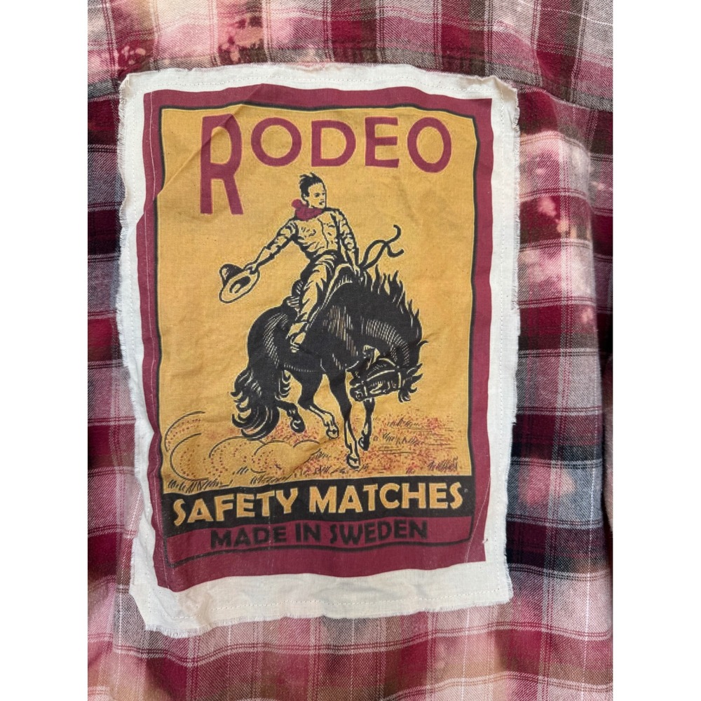 Rodeo Cowboy Flannel Shirt Bleach Dyed Upcycled Burgundy L